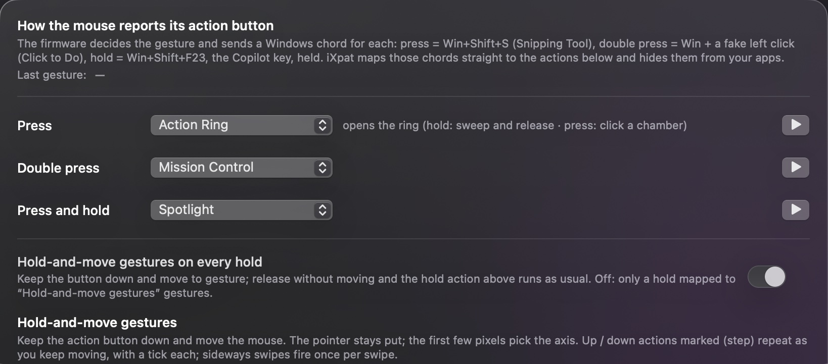 Action Button tab with press, double press and hold mappings