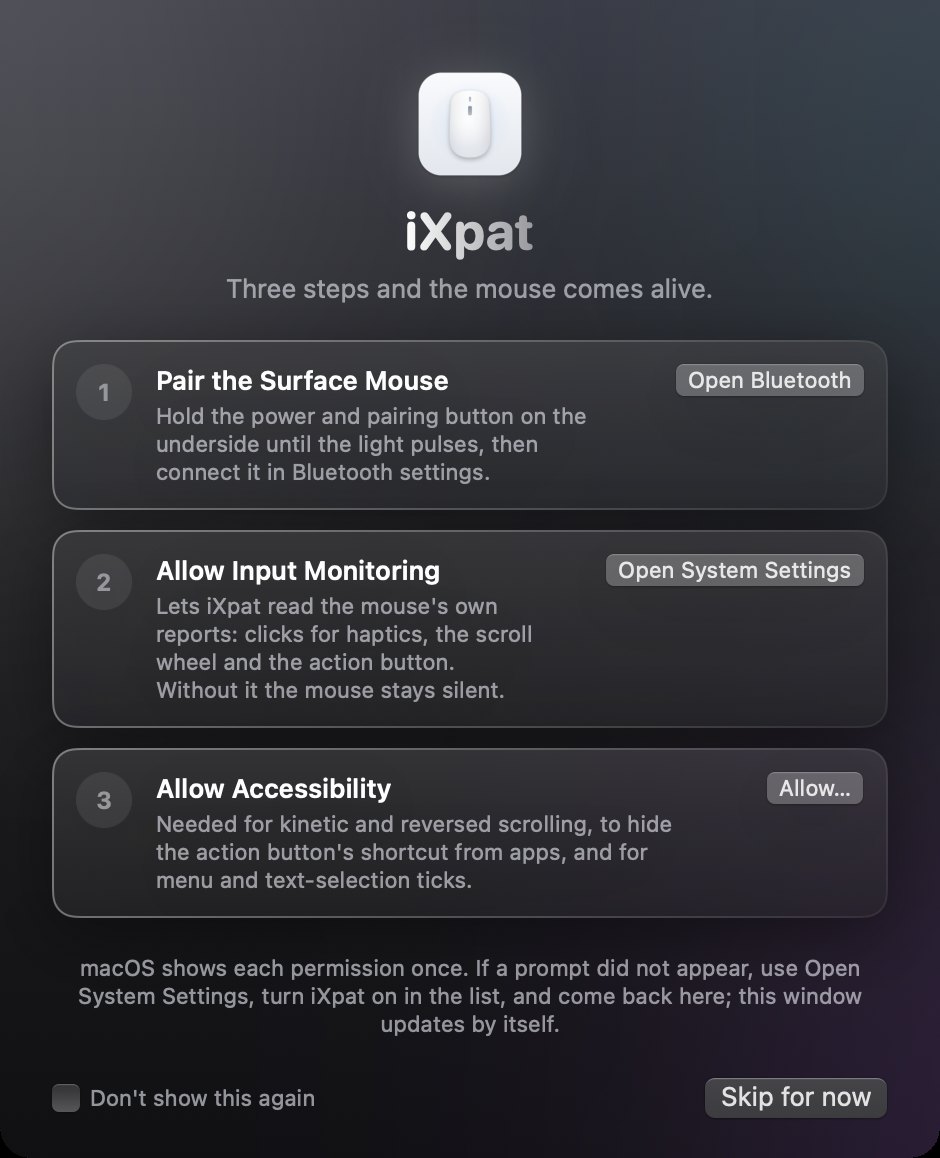iXpat's first-run setup guide: pair the mouse, allow Input Monitoring, allow Accessibility