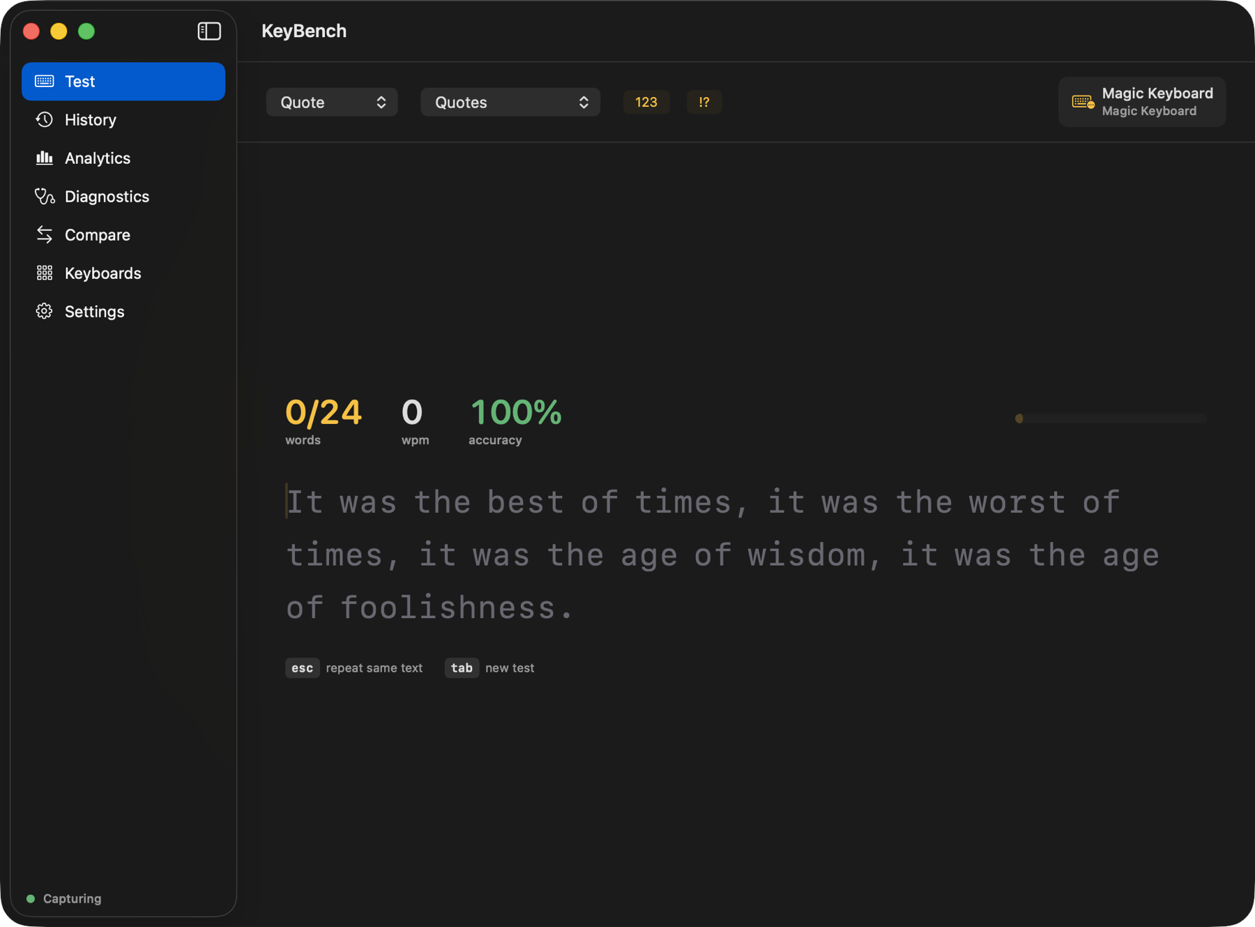 KeyBench showing a typing test with the detected keyboard named in the corner